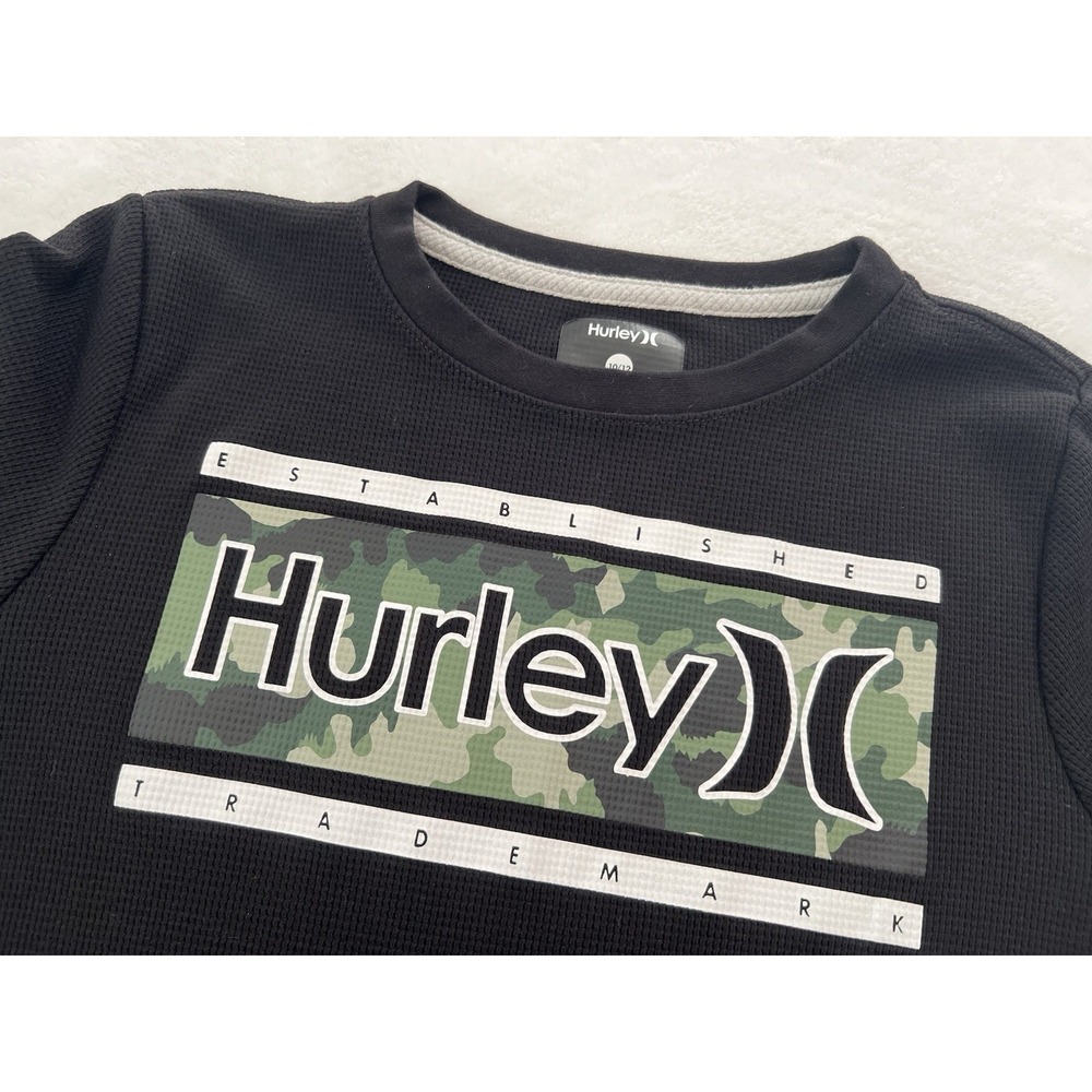 Hurley Boys Long Sleeve Black Thermal Winter‎ Crew Neck Tee Shirt Sz Youth 10/12